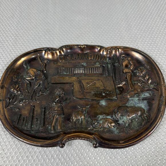 Vintage OKLAHOMA Copper Finished Trinket Tray Embossed Designs Made In Japan - Picture 7 of 9